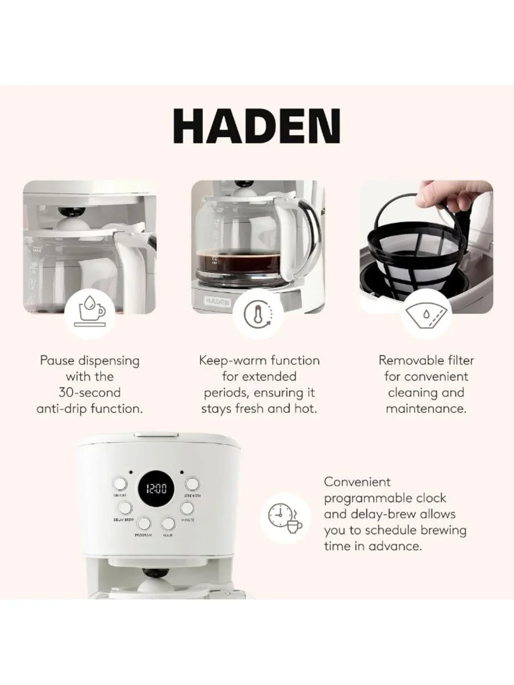 12-Cup Drip Coffee Maker & 1.7L Stainless Steel Electric Kettle Bundle - Ivory